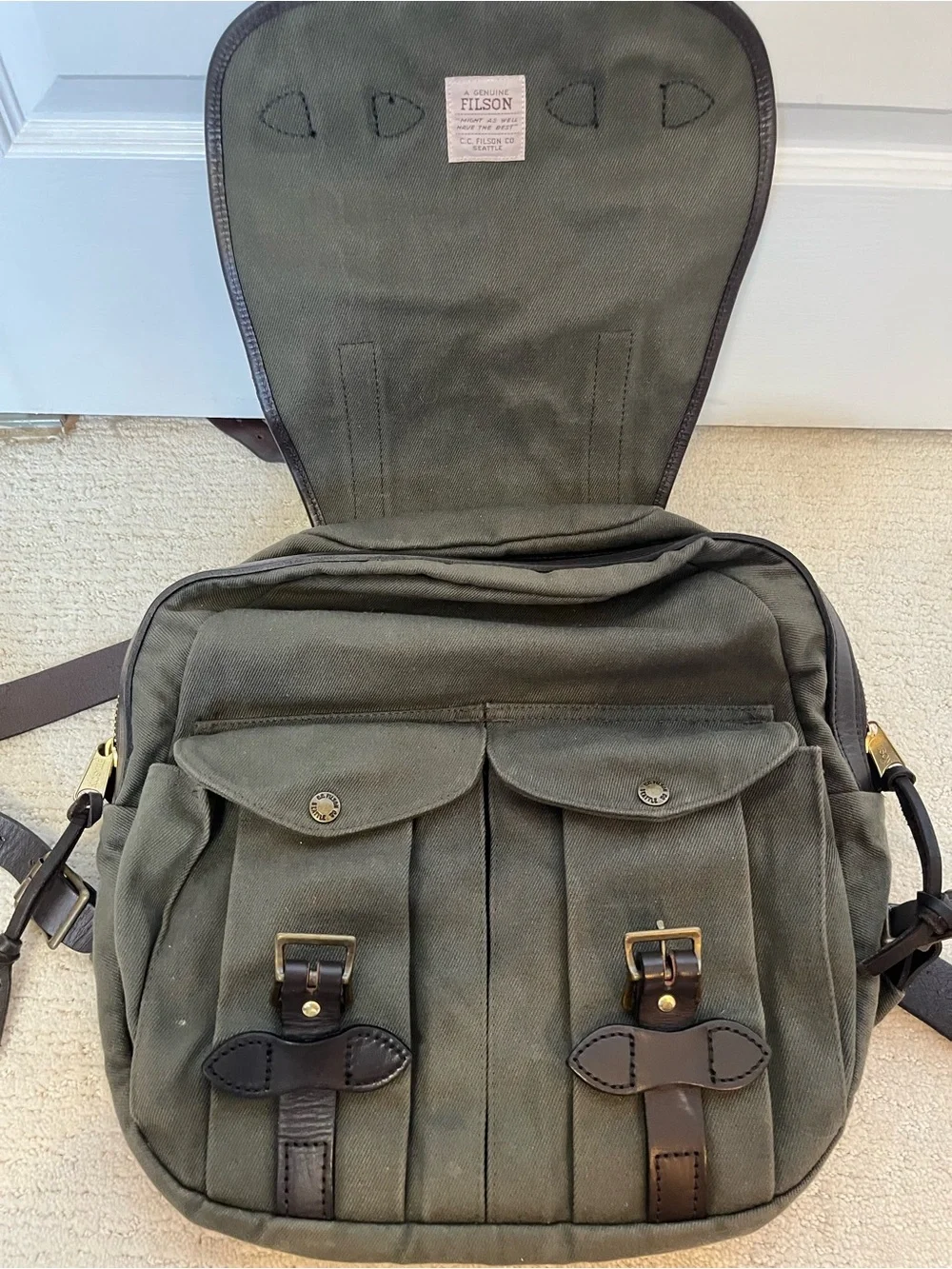 Filson Olive Canvas Messenger Bag with Leather Trim